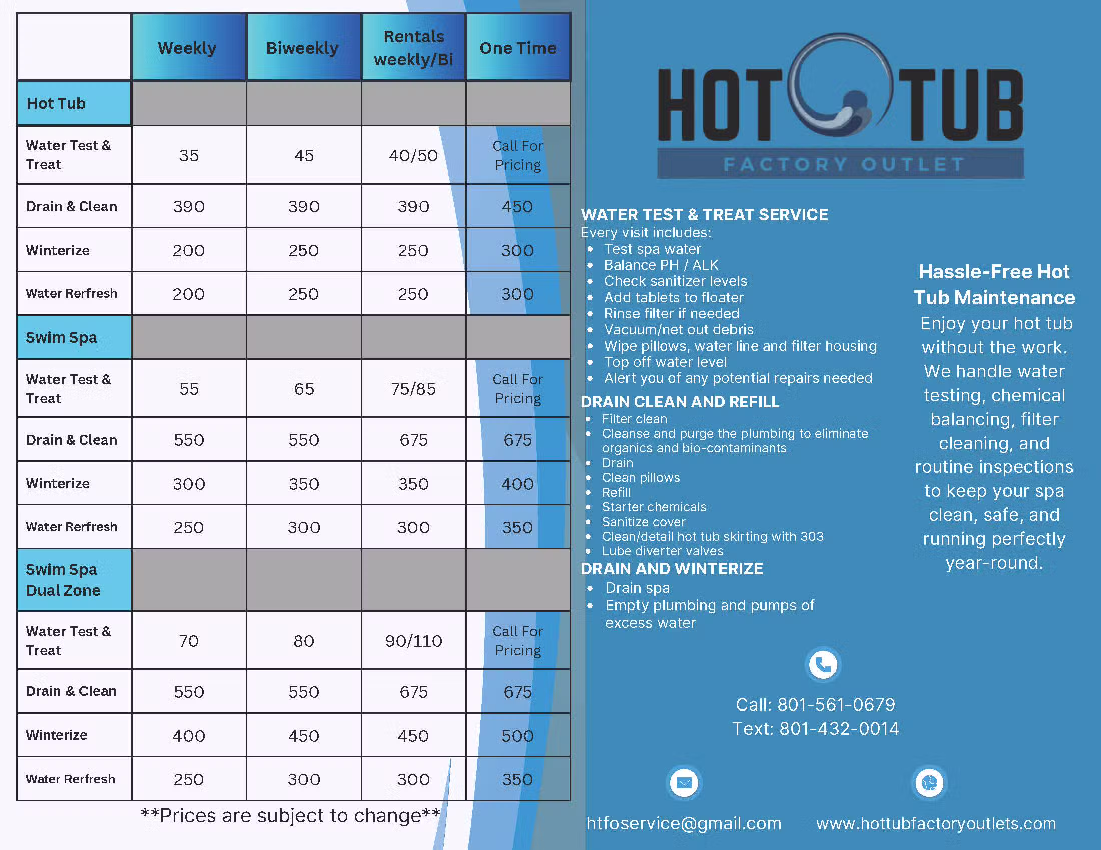 Maintenance Pricing chart