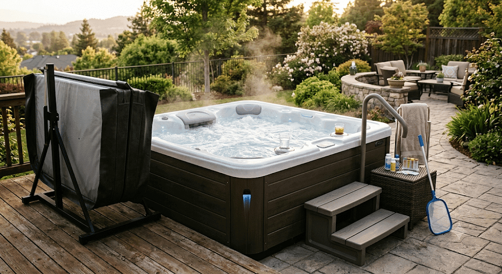 A hot tub sits on a deck with a beautiful natural backdrop. The hot tub is complete with several accessories, including cover, skimmer and various chemical products for water care