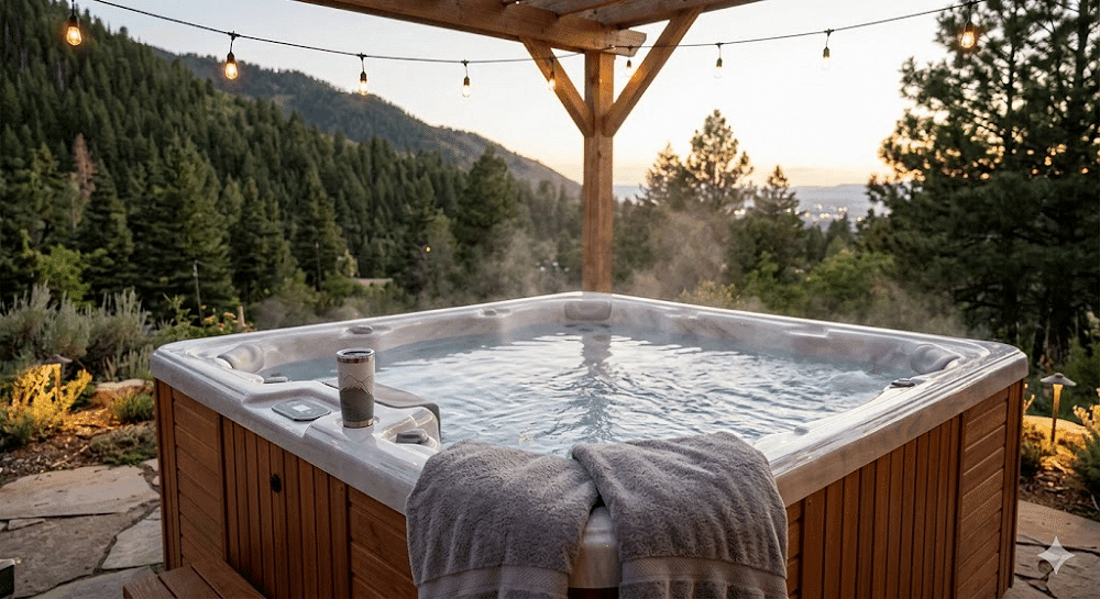 A luxurious wooden hot tub sits nestled among green pine trees in a peaceful mountain setting near Salt Lake City, lit by the warm glow of evening lights