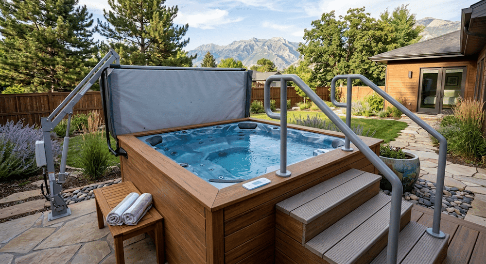 A backyard hot tub with an accessible entry lift and a ramp, set against a backdrop of majestic mountains. The foreground features a paved stone patio and lush green foliage, while the sun sets behind the distant peaks, casting warm, golden light across the landscape.